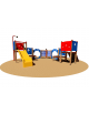 Parco gioco in legno Villaggio con 2 torrette, 1 scivolo vetroresina, 2 pedane rialzate,2 pannelli gioco tris e 1 rampa appigli