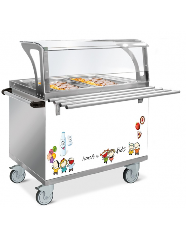 Elemento termico bagnomaria self service con Ruote - 3 Vasche GN 1/1 - parafiato servizio Bambini e bancalina - cm 120x94x133h