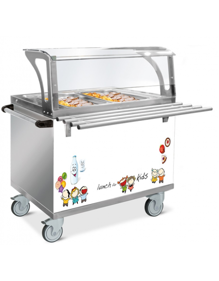 Elemento termico bagnomaria self service con ruote - 2 Vasche GN 1/1 - parafiato servizio Bambini e bancalina - cm 82x94x133h