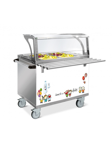 Elemento refrigerato per self service con ruote - 2 Vasche GN 1/1 - Con parafiato servizio bambini e bancalina - cm 82x94x133h