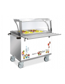 Elemento refrigerato per self service con ruote - 4 Vasche GN 1/1 - Con parafiato servizio bambini e bancalina - cm 158x94x133h