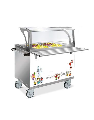 Elemento refrigerato per self service con ruote - 4 Vasche GN 1/1 - Con parafiato servizio bambini e bancalina - cm 158x94x133h
