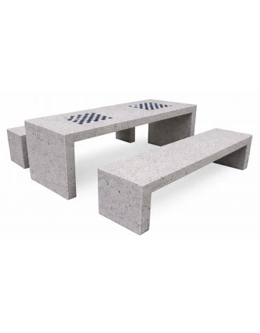 Set pic nic in cemento colore Grigio pietra - 1 tavolo cm 200x80x80h e 2 panche cm 200x50x50h - Con scacchiera - Conforme ai CAM