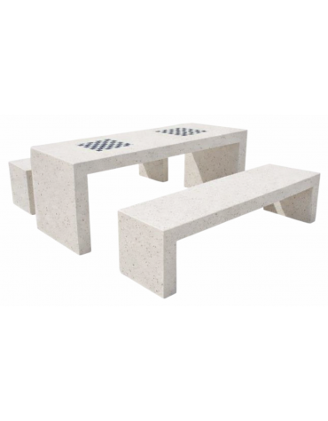Set pic nic in cemento colore Bianco pietra - 1 tavolo cm 200x80x80h e 2 panche cm 200x50x50h - Con scacchiera - Conforme ai CAM