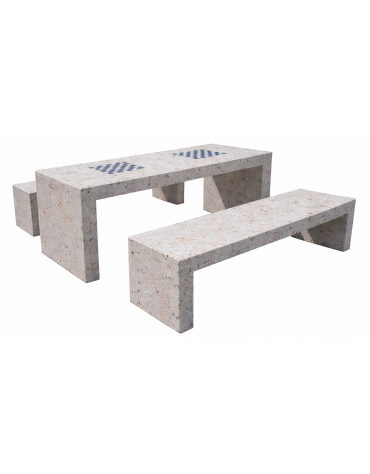 Set pic nic in cemento colore Grigio travertino - 1 tavolo cm 200x80x80h e 2 panche cm 200x50x50h - Con scacchiera - CAM