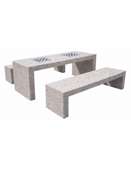 Set pic nic in cemento colore Grigio travertino - 1 tavolo cm 200x80x80h e 2 panche cm 200x50x50h - Con scacchiera - CAM