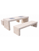 Set pic nic in cemento colore Bianco travertino - 1 tavolo cm 200x80x80h e 2 panche cm 200x50x50h - Con scacchiera - CAM