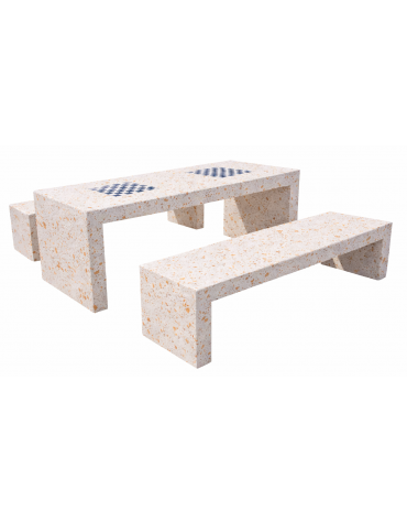 Set pic nic in cemento colore Bianco travertino - 1 tavolo cm 200x80x80h e 2 panche cm 200x50x50h - Con scacchiera - CAM
