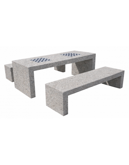 Set pic nic in cemento colore Bianco sabbiato - 1 tavolo cm 200x80x80h e 2 panche cm 200x50x50h - Con scacchiera - Conforme CAM