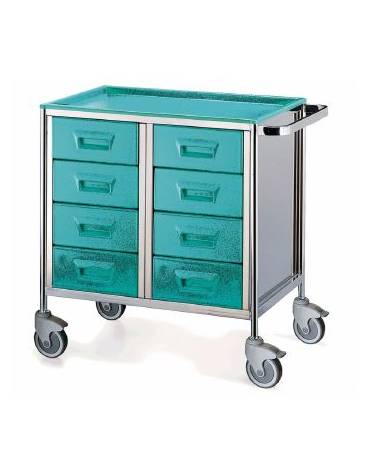 CARRELLO OSPEDALIERO MEDICAZIONE A OTTO CASSETTI IN ACCIAIO INOX CON TOP E CASSETTI IN ABS - CM 80x50x87h