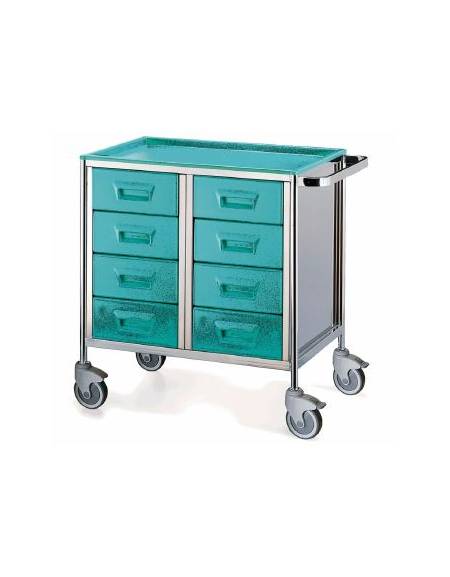 CARRELLO OSPEDALIERO MEDICAZIONE A OTTO CASSETTI IN ACCIAIO INOX CON TOP E CASSETTI IN ABS - CM 80x50x87h