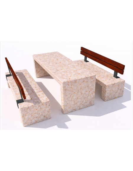 Set pic nic in cemento IDROREPELLENTE colore Bianco travertino - 1 tavolo+2 panche con schienale legno - Lunghezza cm 200 - CAM