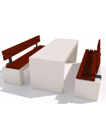 Set pic nic in cemento colore Bianco pietra - 1 tavolo + 2 panche con seduta e schienale in legno - Lunghezza cm 200 - CAM