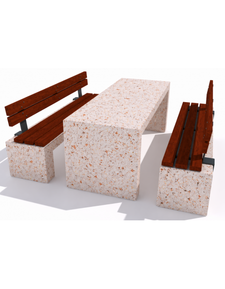 Set pic nic in cemento colore Bianco travertino - 1 tavolo + 2 panche con seduta e schienale in legno - Lunghezza cm 200 - CAM