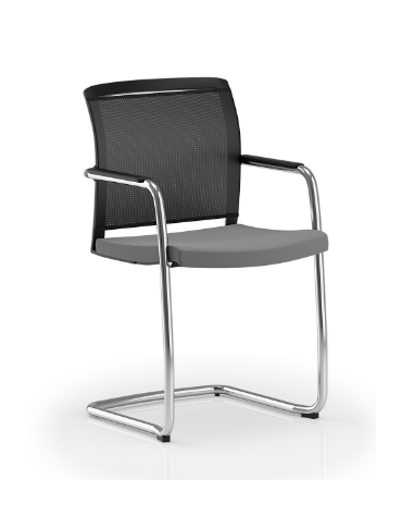 Poltrona visitatore telaio a slitta cromato con schienale a rete e braccioli - rivestimento in Ecopelle o Poliestere ignifugo