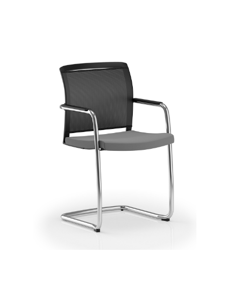 Poltrona visitatore telaio a slitta cromato con schienale a rete e braccioli - rivestimento in Ecopelle o Poliestere ignifugo