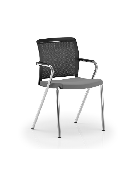 Poltrona visitatore telaio 4 gambe cromato con schienale a rete e braccioli - rivestimento in Ecopelle o Poliestere ignifugo