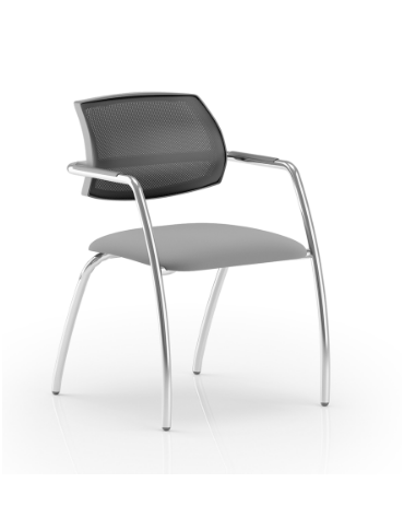Sedia visitatore telaio 4 gambe in acciaio cromato con schienale in rete e braccioli - rivestimento ignifugo -Certificata CAM