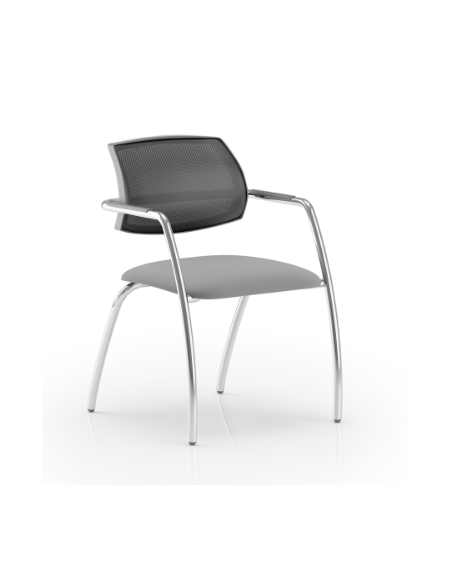 Sedia visitatore telaio 4 gambe in acciaio cromato con schienale in rete e braccioli - rivestimento ignifugo -Certificata CAM
