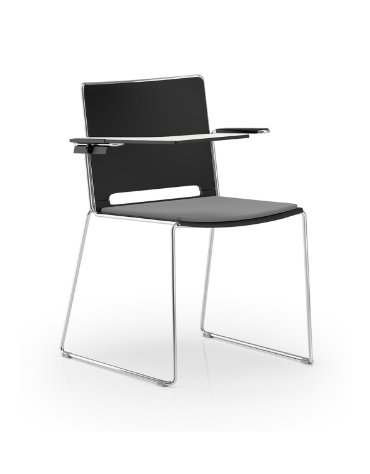 Sedia visitatore a slitta, telaio in acciaio cromato con braccioli e tavoletta - sedile imbottito e schienale in polipropilene
