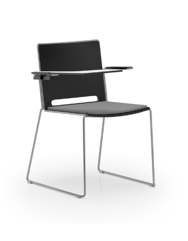 Sedia visitatore a slitta, telaio in acciaio grigio con braccioli e tavoletta - sedile imbottito e schienale in polipropilene