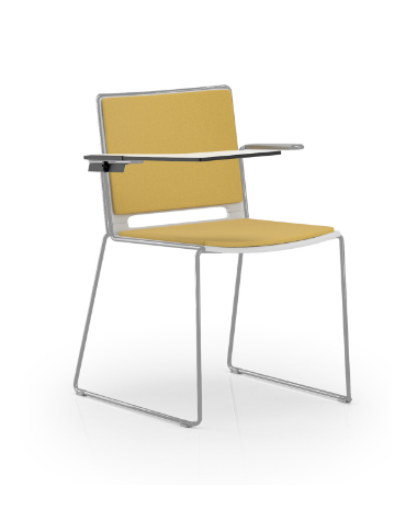 Sedia visitatore a slitta, telaio in acciaio verniciato grigio con braccioli e tavoletta - sedile e schienale imbottito - CAM