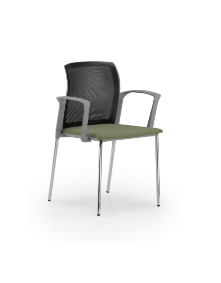 Sedia schienale in rete con telaio a 4 gambe in acciaio cromato e braccioli - sedile imbottito - Certificata CAM