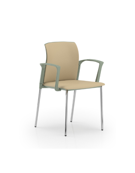 Sedia con telaio a 4 gambe in acciaio cromato e braccioli - sedile e schienale imbottito con rivestimento Ecopelle o Poliestere 