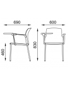 Sedia 4 gambe in acciaio cromato, braccioli e tavoletta - sedile e schienale imbottito con rivestimento Ecopelle o Poliestere