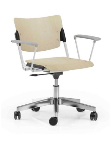 Sedia girevole su ruote ed elevabile con base a 5 razze in nylon nero e braccioli - telaio nero -  sedile e schienale in faggio