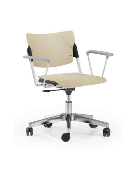 Sedia girevole su ruote ed elevabile con base a 5 razze in nylon nero e braccioli - telaio nero -  sedile e schienale in faggio