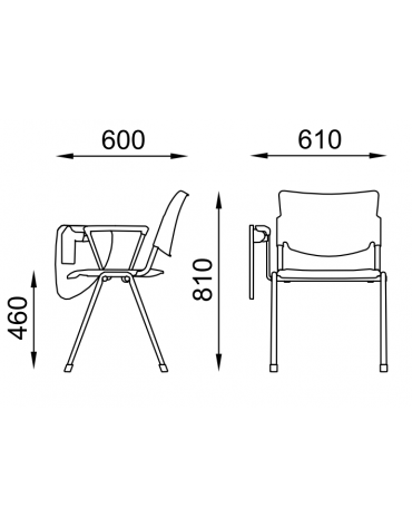 Sedia visitatori fissa 4 gambe con bracciolo Dx e tavoletta - Telaio, sedile e schienale monoblocco verniciati neri - CAM
