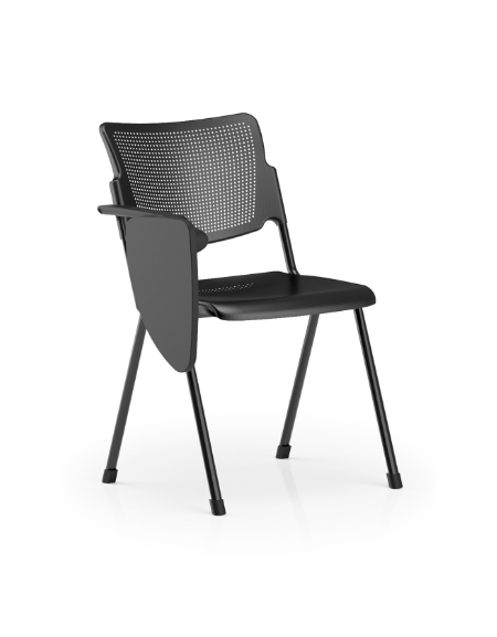 Sedia visitatori fissa 4 gambe con bracciolo Dx e tavoletta - Telaio, sedile e schienale monoblocco verniciati neri - CAM