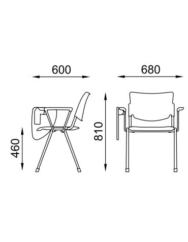 Sedia visitatori fissa 4 gambe con braccioli e tavoletta - Telaio, sedile e schienale monoblocco verniciati grigi - CAM