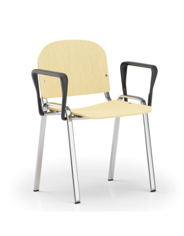 Sedia fissa con telaio a 4 gambe in acciaio cromato e braccioli - Sedile e schienale in faggio - Certificata CAM