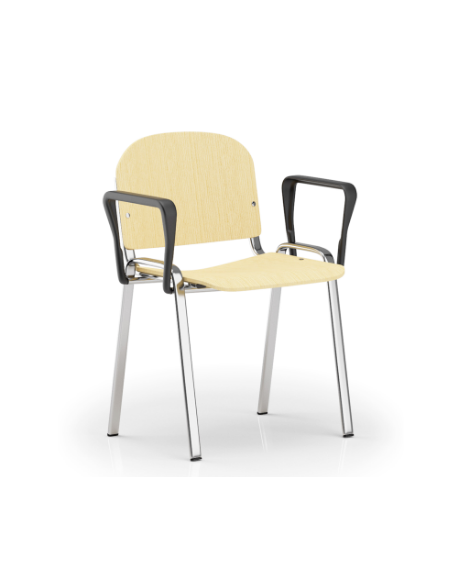 Sedia fissa con telaio a 4 gambe in acciaio cromato e braccioli - Sedile e schienale in faggio - Certificata CAM