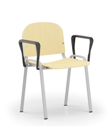 Sedia fissa con telaio a 4 gambe in acciaio verniciato grigio e braccioli - Sedile e schienale in faggio - Certificata CAM