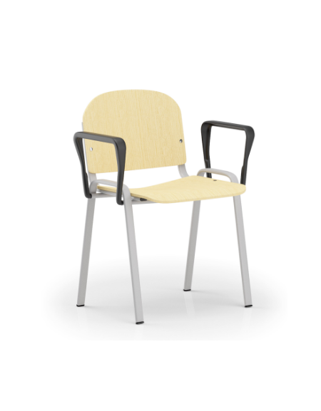 Sedia fissa con telaio a 4 gambe in acciaio verniciato grigio e braccioli - Sedile e schienale in faggio - Certificata CAM
