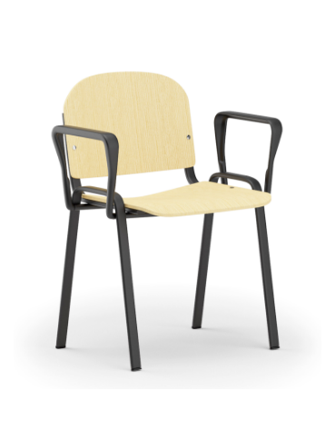 Sedia fissa con telaio a 4 gambe in acciaio verniciato nero e braccioli - Sedile e schienale in faggio - Certificata CAM