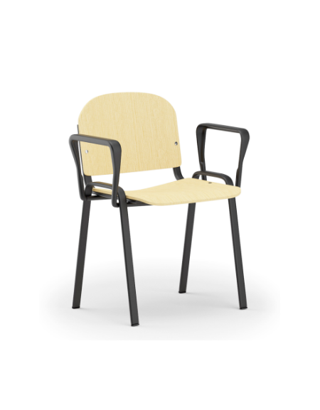 Sedia fissa con telaio a 4 gambe in acciaio verniciato nero e braccioli - Sedile e schienale in faggio - Certificata CAM