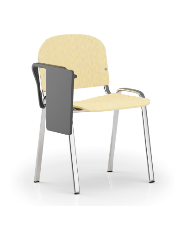 Sedia fissa con telaio a 4 gambe in acciaio cromato, bracciolo e tavoletta - Sedile e schienale in faggio - Certificata CAM