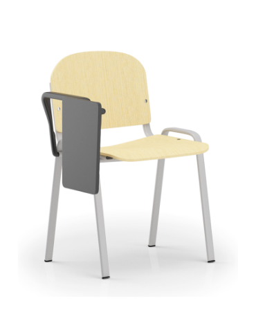Sedia fissa con telaio a 4 gambe in acciaio verniciato grigio, bracciolo e tavoletta - Sedile e schienale in faggio - CAM