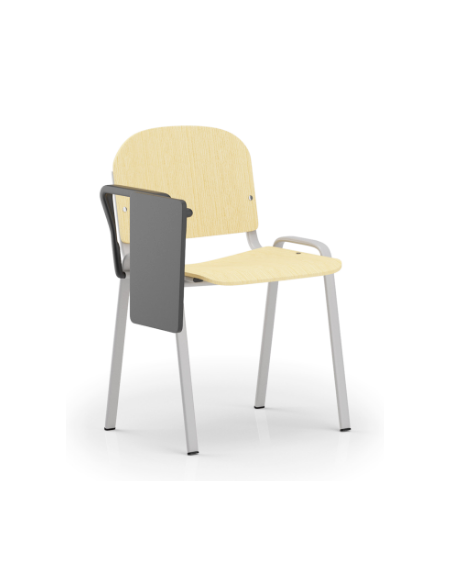 Sedia fissa con telaio a 4 gambe in acciaio verniciato grigio, bracciolo e tavoletta - Sedile e schienale in faggio - CAM