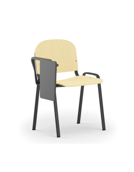 Sedia fissa con telaio a 4 gambe in acciaio verniciato nero, bracciolo e tavoletta - Sedile e schienale in faggio - CAM