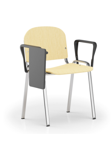 Sedia fissa con telaio a 4 gambe in acciaio cromato, braccioli e tavoletta - Sedile e schienale in faggio - Certificata CAM