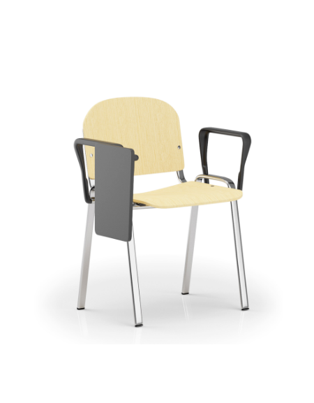 Sedia fissa con telaio a 4 gambe in acciaio cromato, braccioli e tavoletta - Sedile e schienale in faggio - Certificata CAM