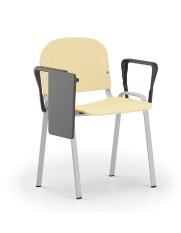 Sedia fissa con telaio a 4 gambe in acciaio verniciato grigio, braccioli e tavoletta - Sedile e schienale in faggio - CAM