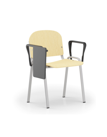 Sedia fissa con telaio a 4 gambe in acciaio verniciato grigio, braccioli e tavoletta - Sedile e schienale in faggio - CAM