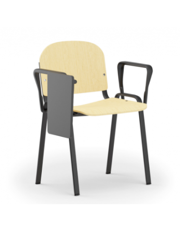 Sedia fissa con telaio a 4 gambe in acciaio verniciato nero, braccioli e tavoletta - Sedile e schienale in faggio - CAM