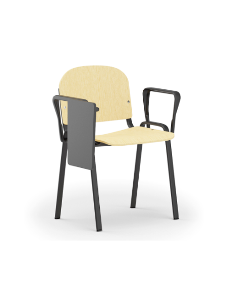 Sedia fissa con telaio a 4 gambe in acciaio verniciato nero, braccioli e tavoletta - Sedile e schienale in faggio - CAM